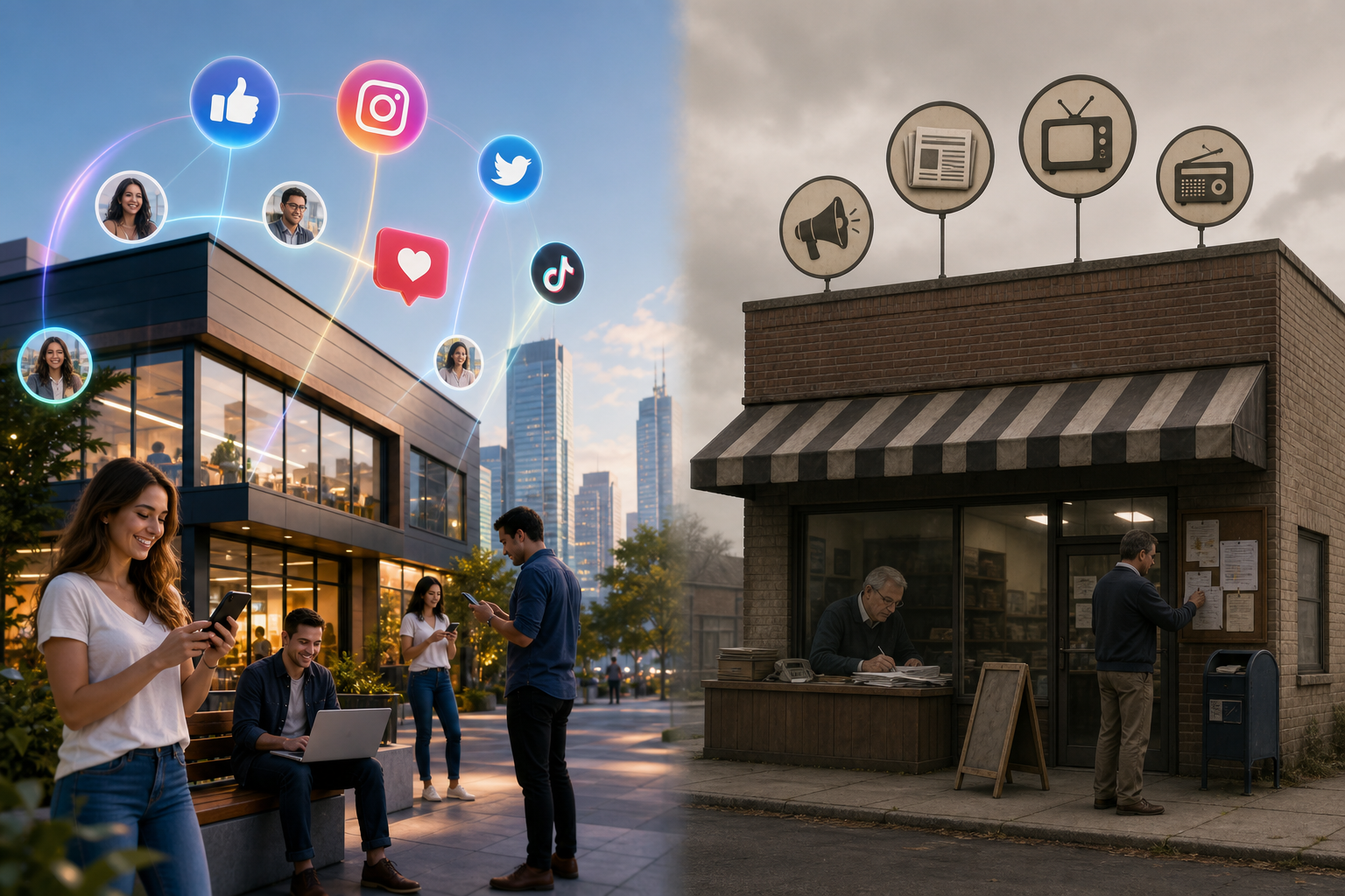 A business using social media platforms side by side with a business relying solely on traditional methods