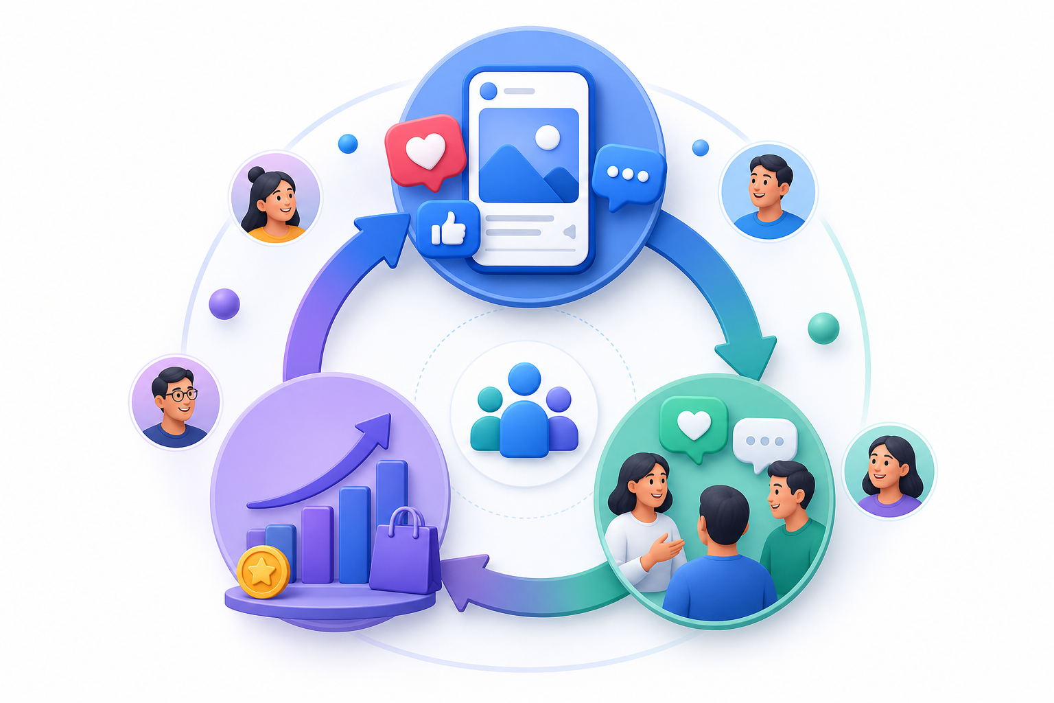 Infographic diagram: The virtuous cycle of social media engagement, trust, and business growth.