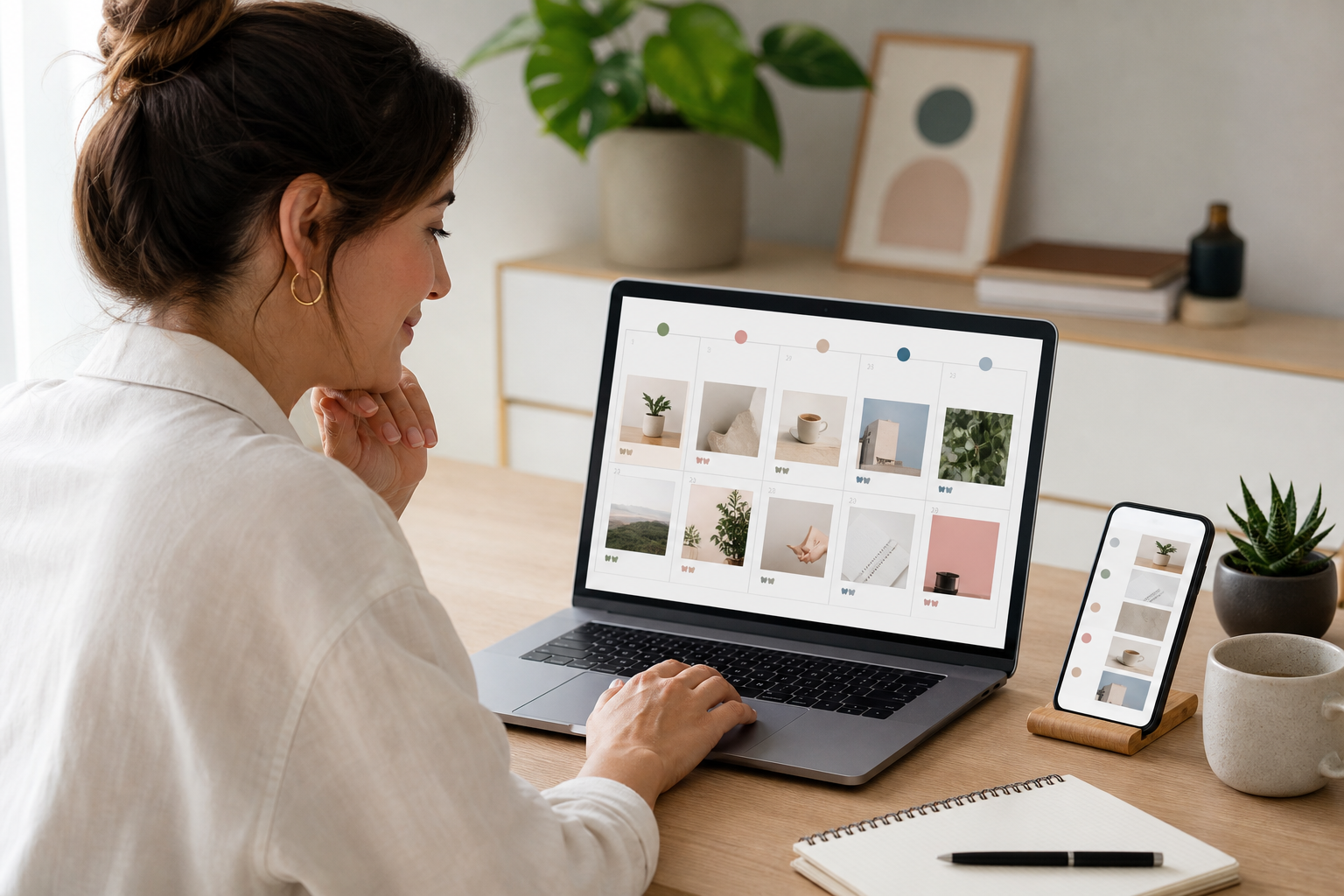 A small business owner reviewing a simple, effective social media calendar on a laptop; a phone nearby displays scheduled posts.