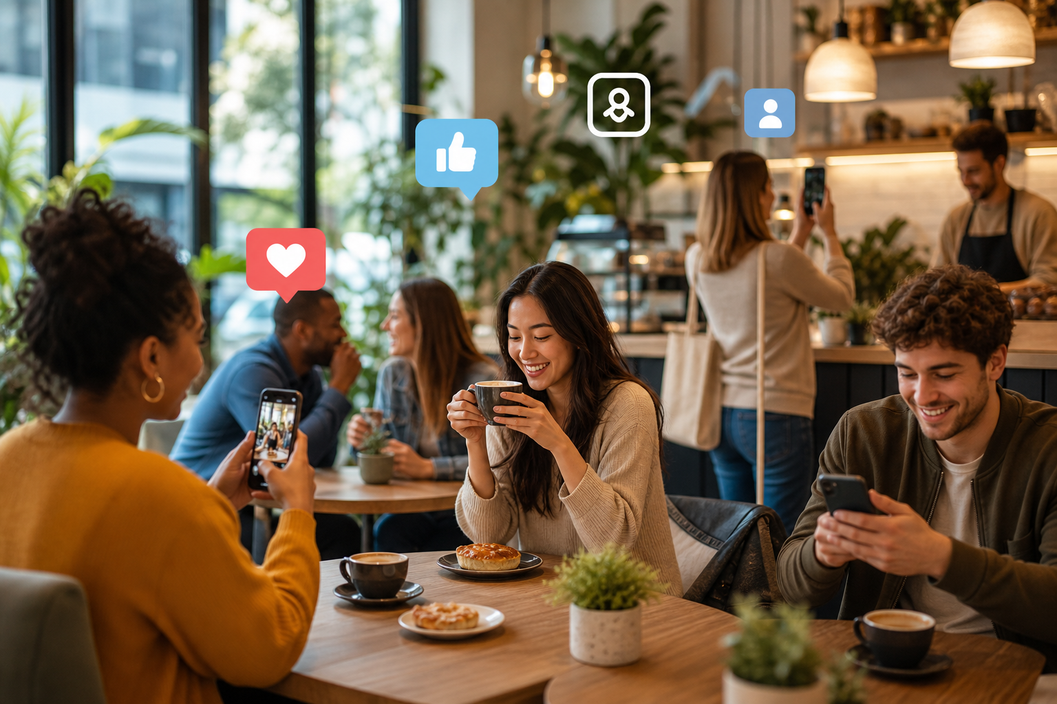 A busy café with customers posting on social media, a visible sign of digital engagement.